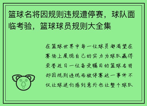 篮球名将因规则违规遭停赛，球队面临考验，篮球球员规则大全集